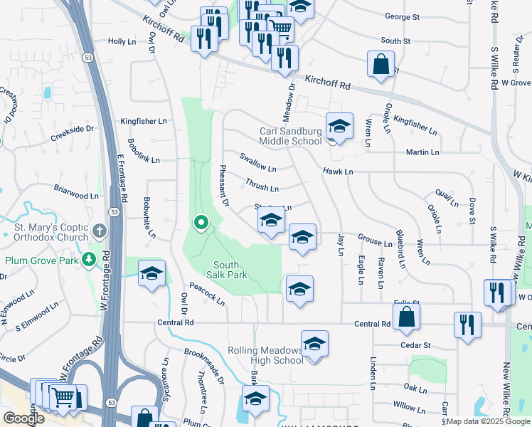 map of restaurants, bars, coffee shops, grocery stores, and more near 3007 Starling Lane in Rolling Meadows