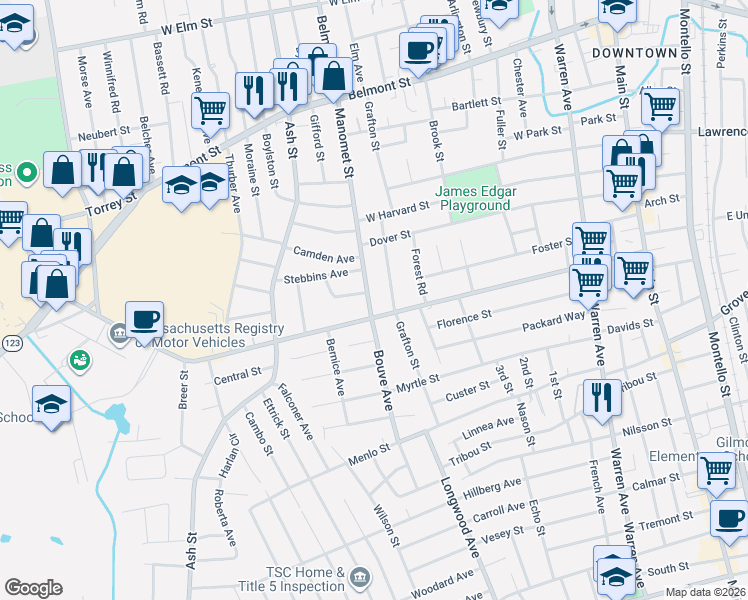 map of restaurants, bars, coffee shops, grocery stores, and more near 173 Manomet Street in Brockton