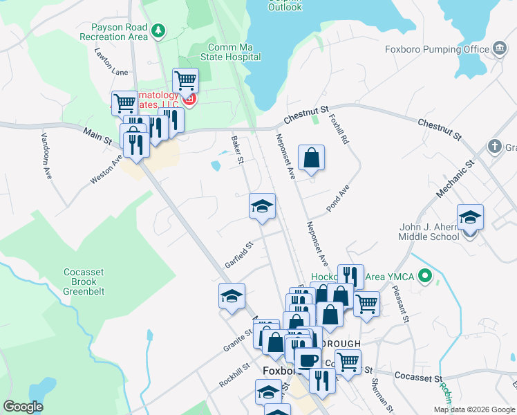 map of restaurants, bars, coffee shops, grocery stores, and more near 47 Baker Street in Foxborough