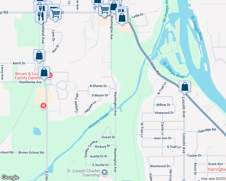 map of restaurants, bars, coffee shops, grocery stores, and more near 1321 North Manor Drive in St. Joseph