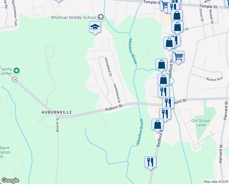 map of restaurants, bars, coffee shops, grocery stores, and more near 65 Homeland Drive in Whitman