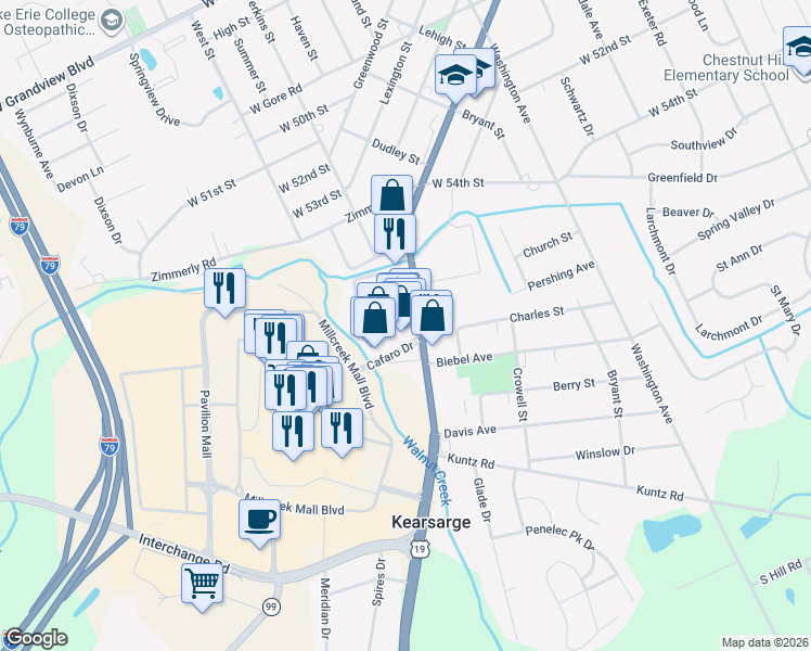 map of restaurants, bars, coffee shops, grocery stores, and more near 5618 Peach Street in Erie