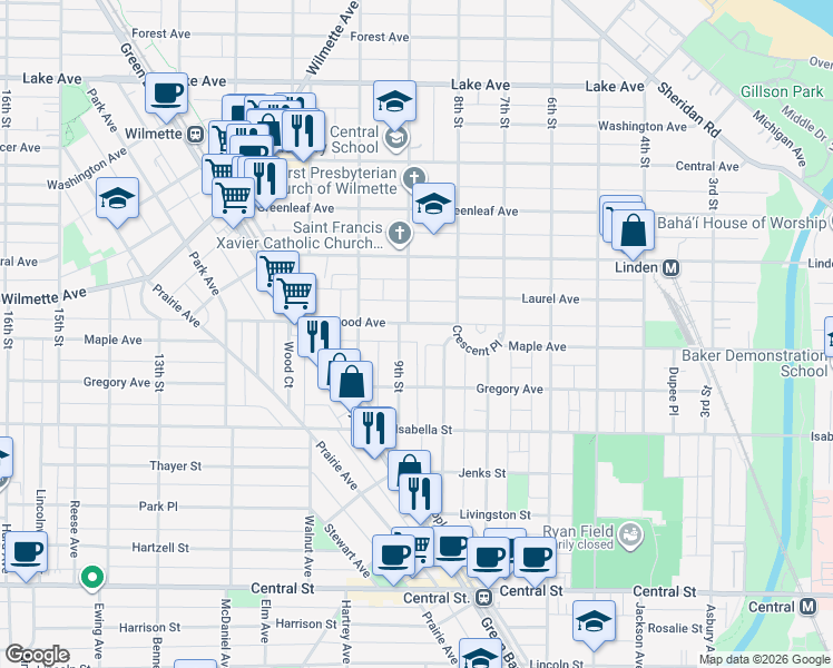 map of restaurants, bars, coffee shops, grocery stores, and more near 824 Oakwood Avenue in Wilmette