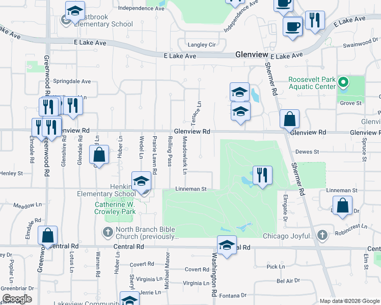map of restaurants, bars, coffee shops, grocery stores, and more near 920 Meadowlark Lane in Glenview