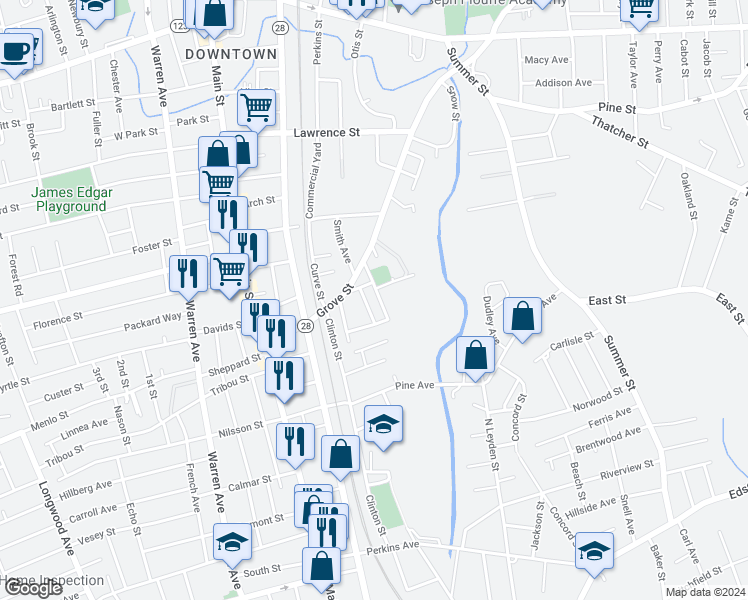 map of restaurants, bars, coffee shops, grocery stores, and more near 32 Spring Avenue in Brockton