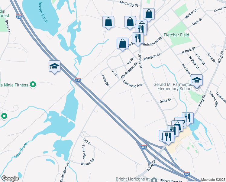 map of restaurants, bars, coffee shops, grocery stores, and more near 120 Washington Street in Franklin