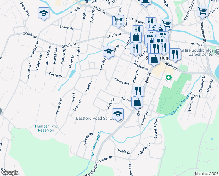 map of restaurants, bars, coffee shops, grocery stores, and more near 263 Marcy Street in Southbridge