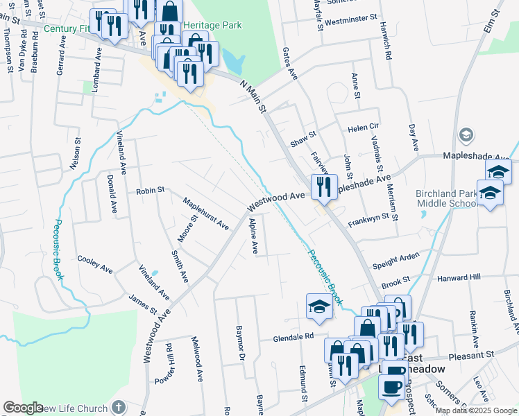 map of restaurants, bars, coffee shops, grocery stores, and more near 56 Westwood Avenue in East Longmeadow