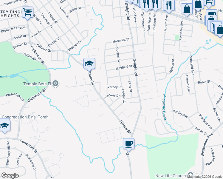 map of restaurants, bars, coffee shops, grocery stores, and more near 36 Varney Street in Springfield