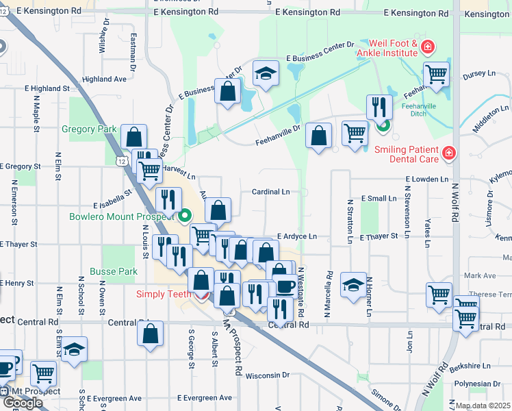 map of restaurants, bars, coffee shops, grocery stores, and more near 215 Eric Avenue in Mount Prospect