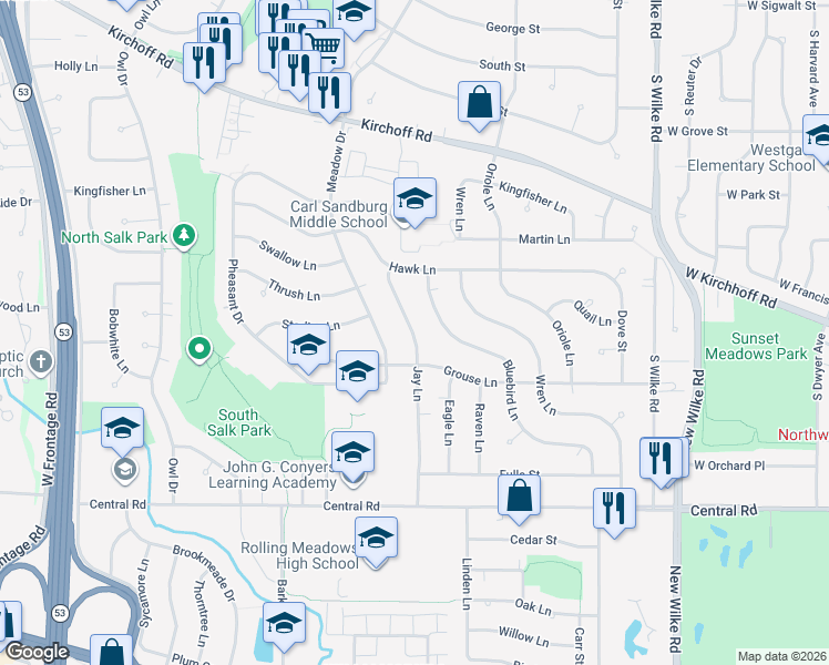 map of restaurants, bars, coffee shops, grocery stores, and more near 3700 Jay Lane in Rolling Meadows