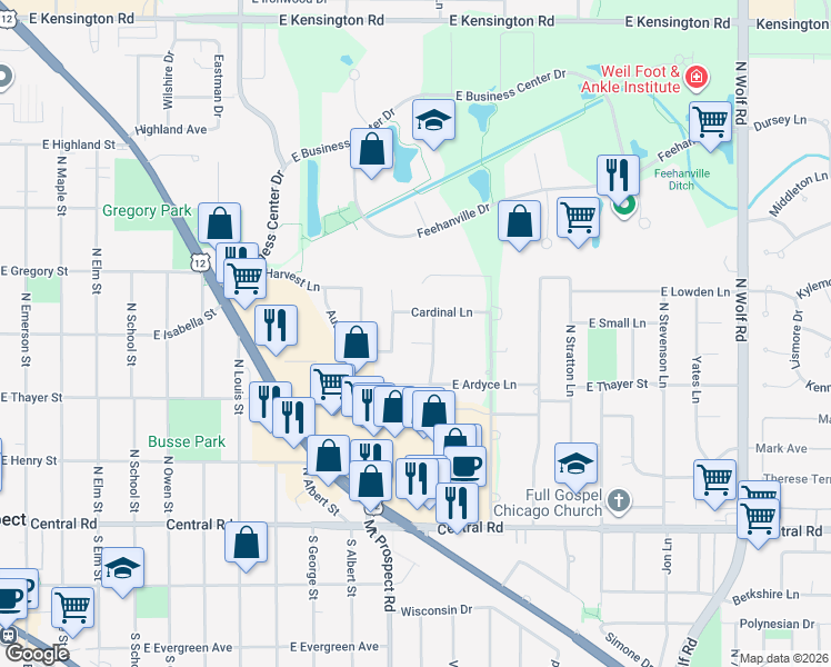 map of restaurants, bars, coffee shops, grocery stores, and more near 215 Eric Avenue in Mount Prospect