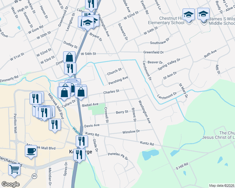 map of restaurants, bars, coffee shops, grocery stores, and more near 1623 Charles St in Erie