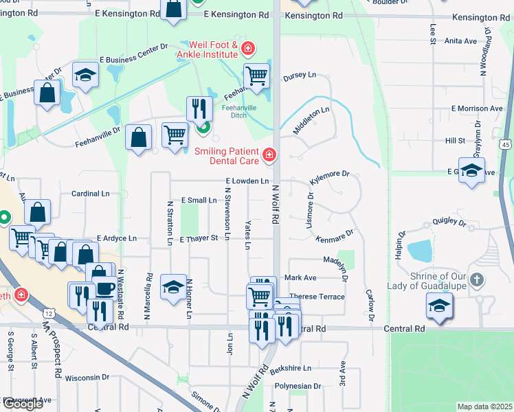 map of restaurants, bars, coffee shops, grocery stores, and more near 1511 Jeffrey Drive in Mount Prospect