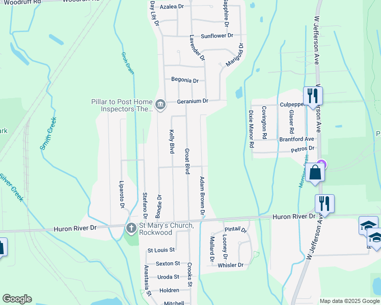 map of restaurants, bars, coffee shops, grocery stores, and more near 32341 Groat Boulevard in Brownstown Charter Township