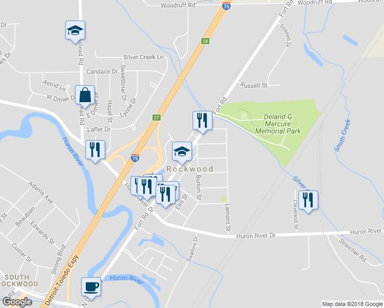 map of restaurants, bars, coffee shops, grocery stores, and more near 32308 Church Street in Rockwood