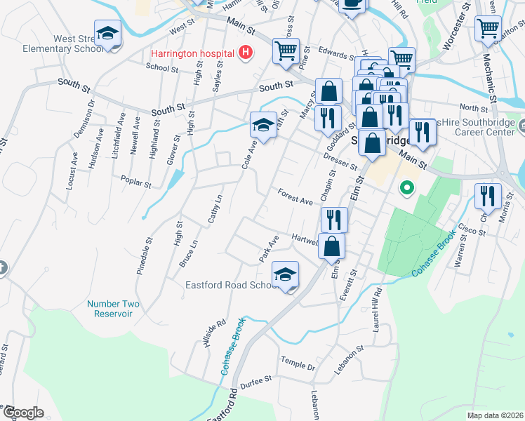 map of restaurants, bars, coffee shops, grocery stores, and more near 263 Marcy Street in Southbridge