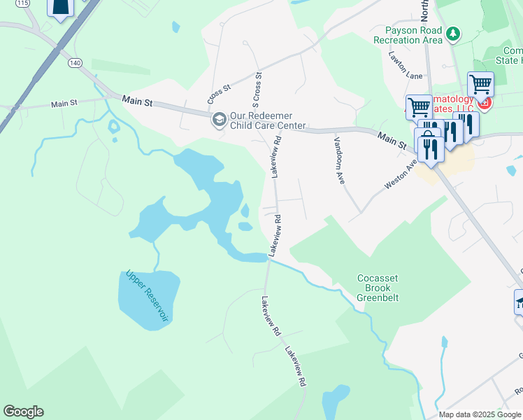 map of restaurants, bars, coffee shops, grocery stores, and more near 27A Lakeview Road in Foxborough