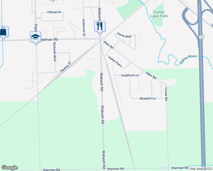 map of restaurants, bars, coffee shops, grocery stores, and more near 13870 Wabash Road in Milan