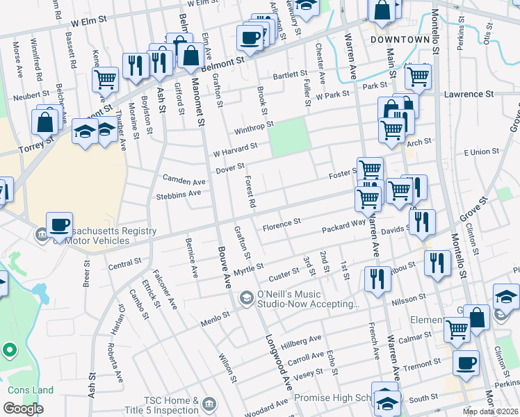 map of restaurants, bars, coffee shops, grocery stores, and more near 58 Forest Road in Brockton