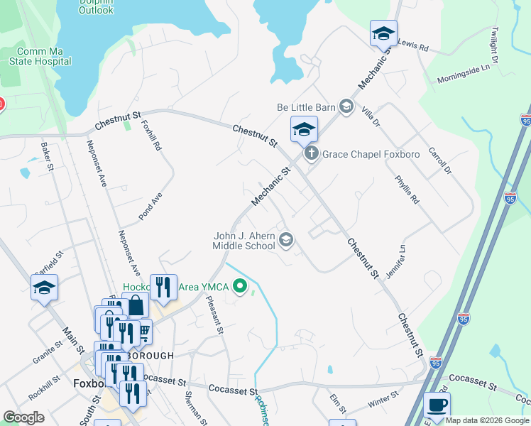 map of restaurants, bars, coffee shops, grocery stores, and more near 95 Mechanic Street in Foxborough