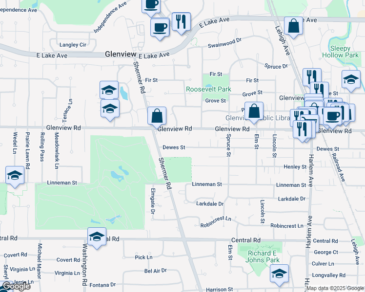 map of restaurants, bars, coffee shops, grocery stores, and more near 2344 Dewes Street in Glenview