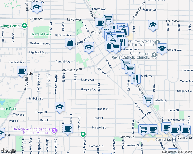 map of restaurants, bars, coffee shops, grocery stores, and more near 1304 Maple Avenue in Wilmette