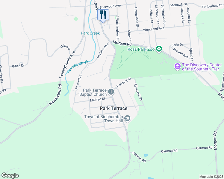 map of restaurants, bars, coffee shops, grocery stores, and more near Park Avenue & Margery Street in Binghamton