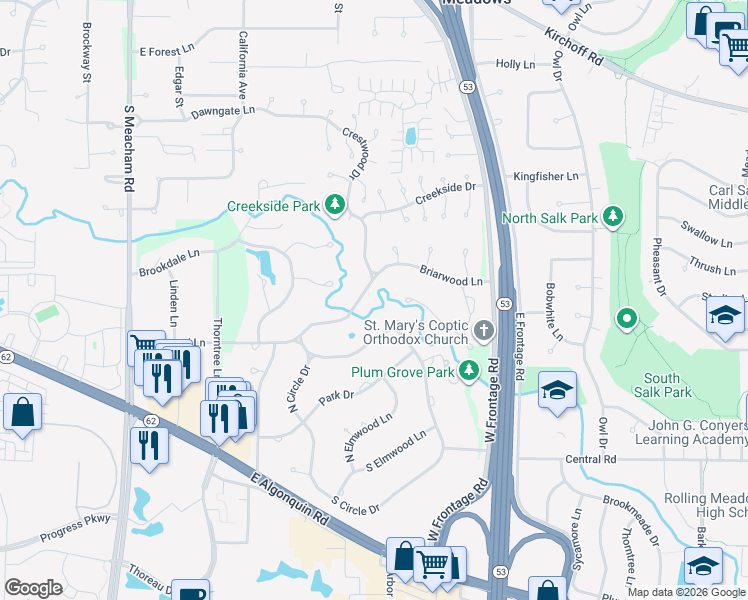 map of restaurants, bars, coffee shops, grocery stores, and more near 309 Briarwood Lane in Palatine