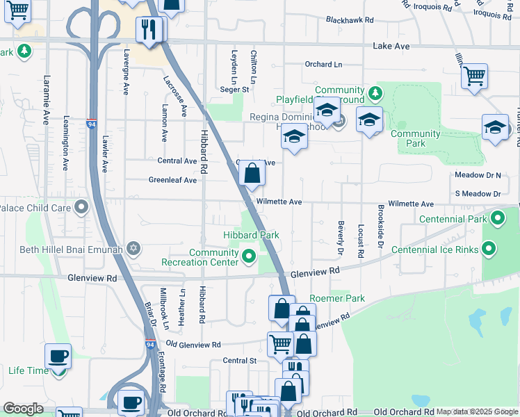 map of restaurants, bars, coffee shops, grocery stores, and more near 444 Skokie Boulevard in Wilmette