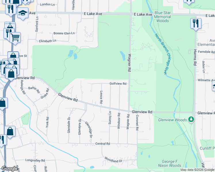map of restaurants, bars, coffee shops, grocery stores, and more near 1009 Golfview Road in Glenview