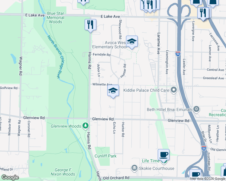 map of restaurants, bars, coffee shops, grocery stores, and more near 936 Echo Lane in Glenview