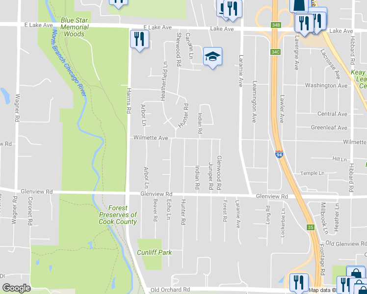 map of restaurants, bars, coffee shops, grocery stores, and more near 934 Hunter Road in Glenview
