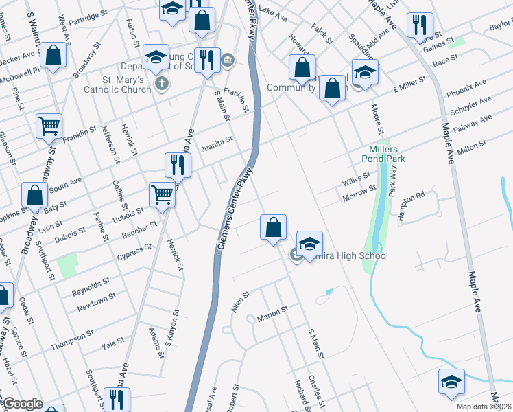 map of restaurants, bars, coffee shops, grocery stores, and more near 750 South Main Street in Elmira