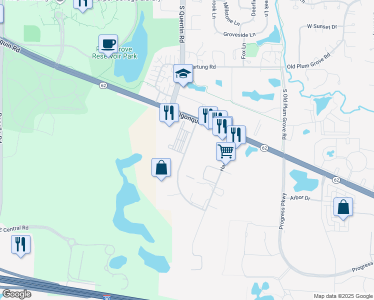 map of restaurants, bars, coffee shops, grocery stores, and more near 2361 Palmer Drive in Schaumburg