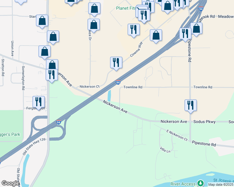 map of restaurants, bars, coffee shops, grocery stores, and more near 2518 Woodley Drive in Benton Harbor