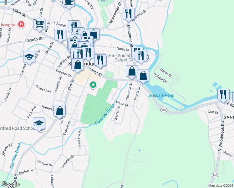 map of restaurants, bars, coffee shops, grocery stores, and more near 49 Coombs Street in Southbridge