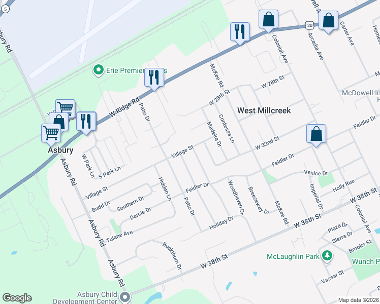 map of restaurants, bars, coffee shops, grocery stores, and more near 3005 Rustic Ln in Erie