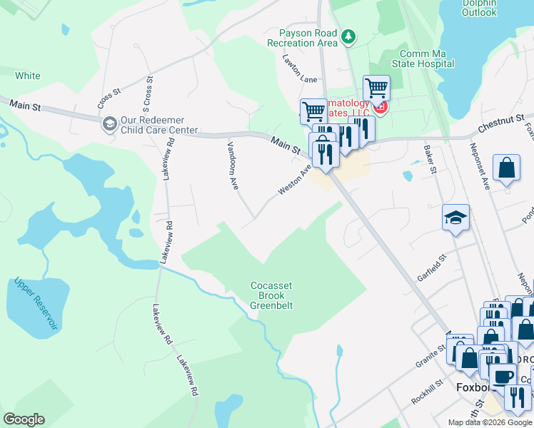 map of restaurants, bars, coffee shops, grocery stores, and more near 10 Weston Avenue in Foxborough