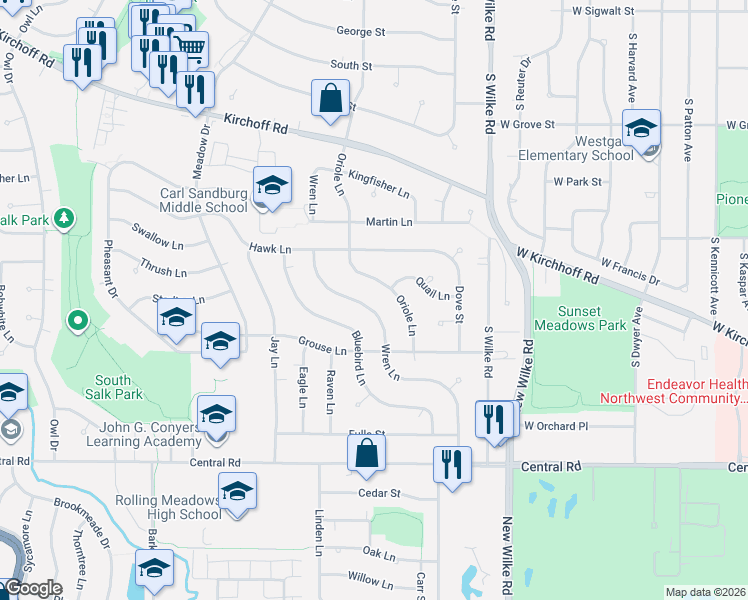 map of restaurants, bars, coffee shops, grocery stores, and more near 3705 Oriole Lane in Rolling Meadows