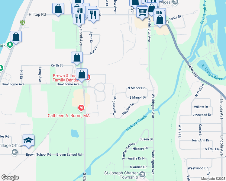 map of restaurants, bars, coffee shops, grocery stores, and more near 2512 Bristol Terrace in Saint Joseph