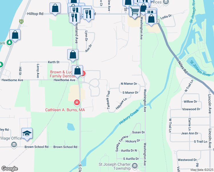 map of restaurants, bars, coffee shops, grocery stores, and more near Bristol Terrace in St. Joseph