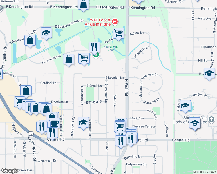 map of restaurants, bars, coffee shops, grocery stores, and more near 215 North Stevenson Lane in Mount Prospect