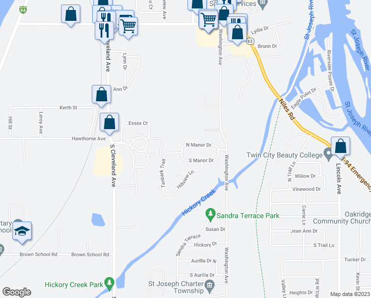 map of restaurants, bars, coffee shops, grocery stores, and more near 1448 North Manor Drive in St. Joseph
