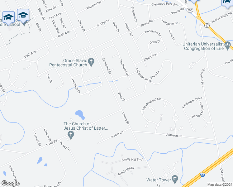 map of restaurants, bars, coffee shops, grocery stores, and more near 6028 Courtland Drive in Erie