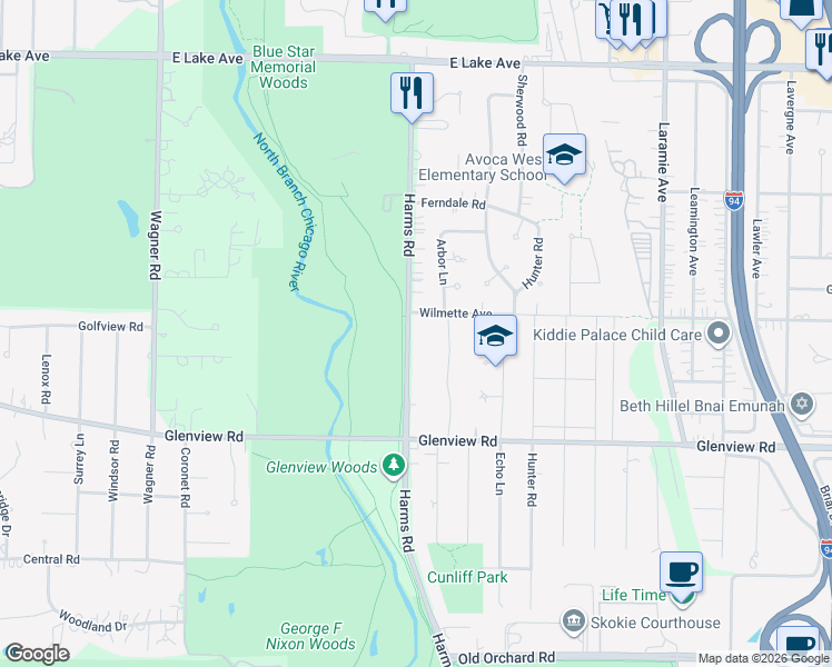 map of restaurants, bars, coffee shops, grocery stores, and more near 933 Harms Road in Glenview