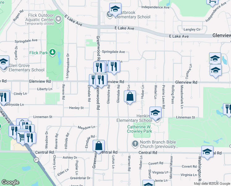 map of restaurants, bars, coffee shops, grocery stores, and more near 908 Glendale Road in Glenview