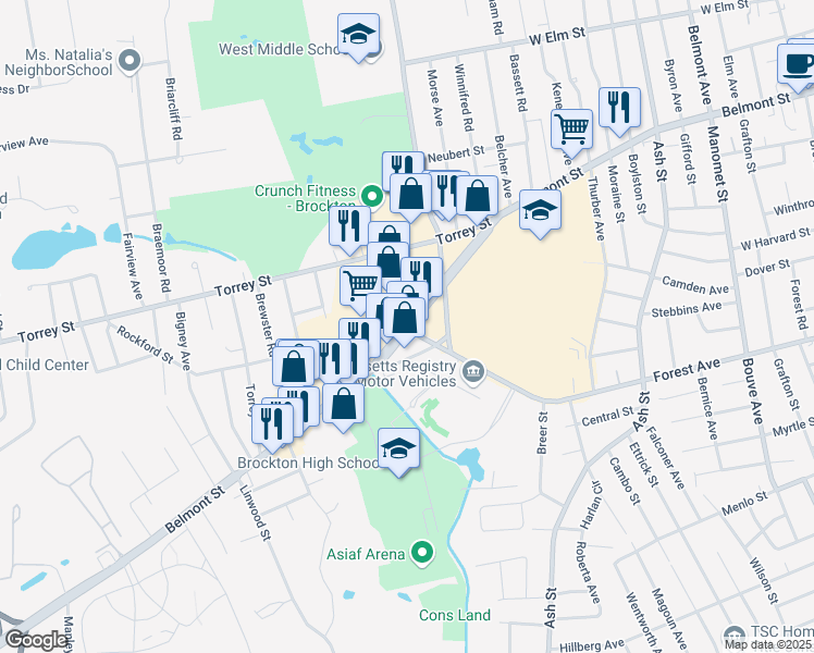 map of restaurants, bars, coffee shops, grocery stores, and more near 599 Belmont Street in Brockton