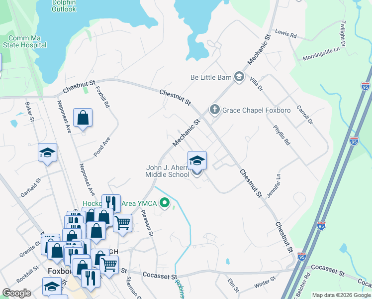 map of restaurants, bars, coffee shops, grocery stores, and more near 95 Mechanic Street in Foxborough