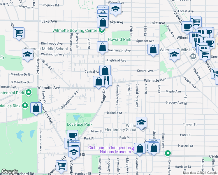 map of restaurants, bars, coffee shops, grocery stores, and more near 1819 Wilmette Avenue in Wilmette